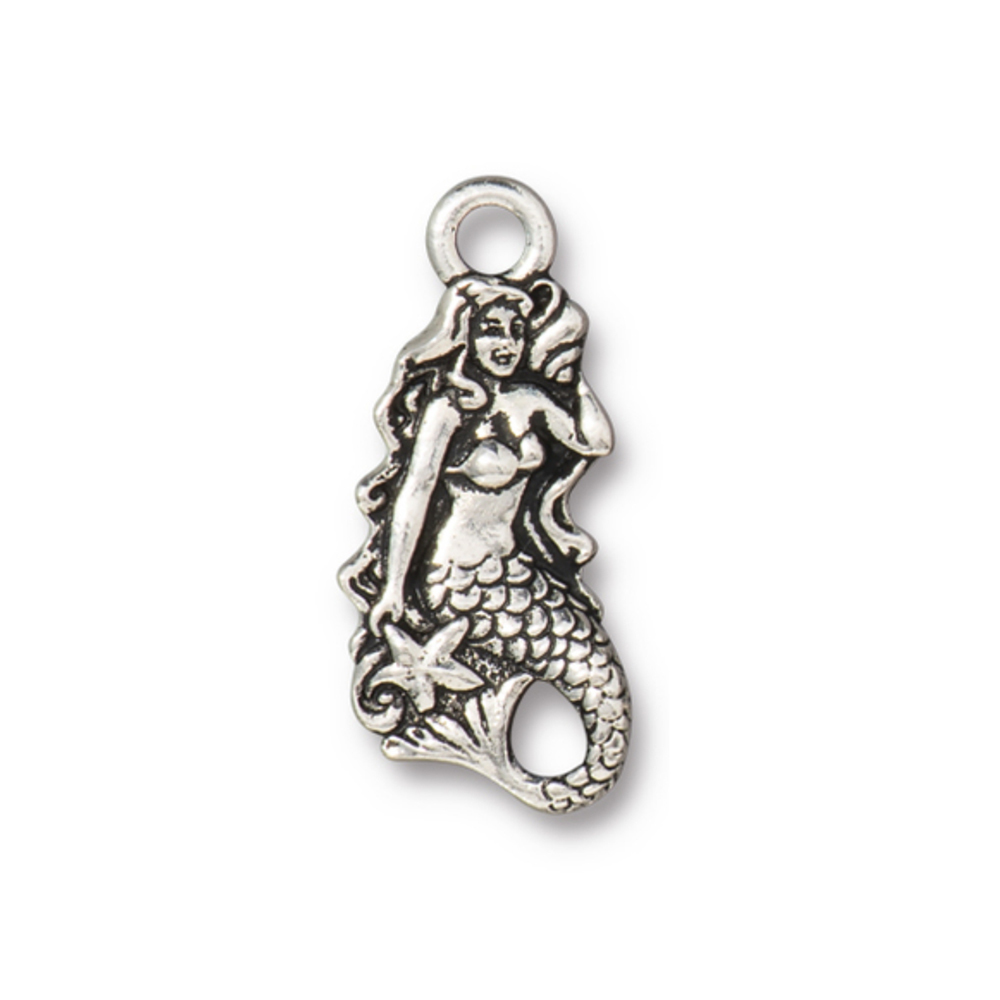 Charms & Solderable Accents Mermaid Charm, Silver Plated Pewter, 23mm